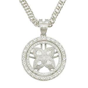 Pendentif fleur rotatif argenté avec zircons et chaîne cubaine de style hip-hop cool