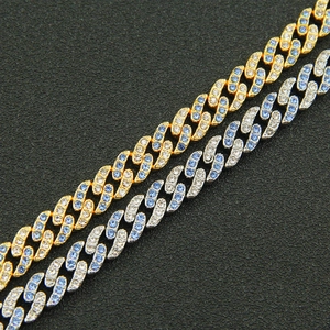 Collana a catena Cuban Miami 9mm hip hop in oro e argento con cristalli blu