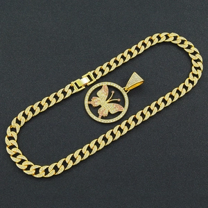 Iced out gold Cuban chain necklace with pink diamond butterfly pendant for hip hop style
