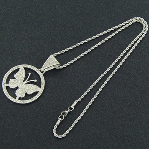 Hip hop style butterfly circle pendant necklace with iced out rhinestones on rope chain