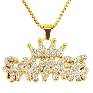 Hip Hop Savage Letter Crown Pendant Necklace Alloy Iced Out Rhinestone Chain For Men Women Street Punk Jewelry Gift
