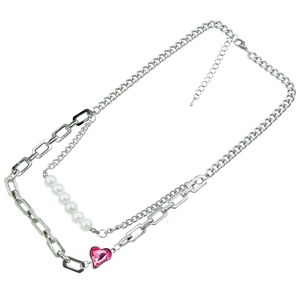 Double-layer silver necklace with pink heart crystal, pearls and Cuban chain