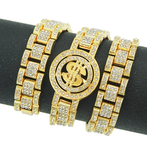 Collier Pendentif Signe du Dollar Rotatif Hip Hop Homme Alliage de Zinc Strass Bling Maille Cubaine Bijoux Mode