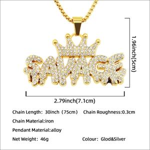 Hip hop savage letter pendant necklace with crown and crystals on a gold box chain
