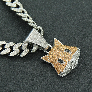 Hip hop fox pendant necklace with orange rhinestones and iced out Cuban link chain