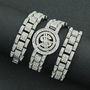 Ensemble de bracelets hip hop argentés signe dollar avec strass brillants sertis