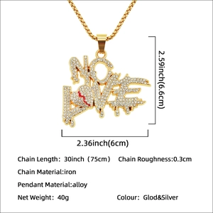 Collier hip hop avec pendentif cœur brisé NO LOVE en strass brillants finition dorée