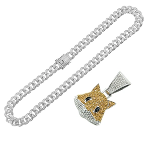 Men's hip hop silver cuban chain with iced-out fox pendant and orange rhinestones
