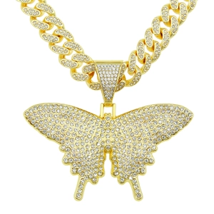 Collier Pendentif Papillon Hip Hop Iced Out Strass pour Hommes Chaîne Mailles Cubaines Alliage Bijoux Or Argent