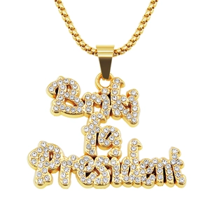 Collier hip hop doré avec pendentif Bark for President serti de strass sur chaîne boule