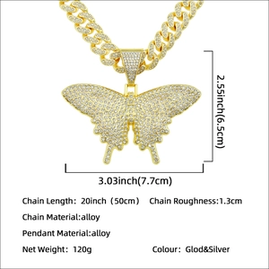 Collier hip hop homme avec pendentif papillon doré, strass et grosse chaîne cubaine