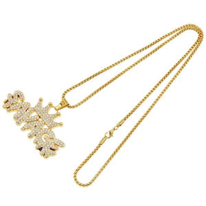 Hip hop savage letter crown pendant necklace with sparkling rhinestones in gold finish