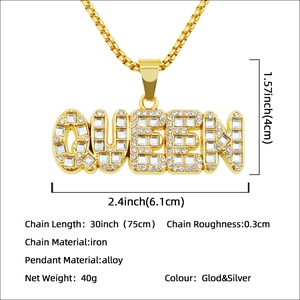 Collier pendentif Queen doré avec strass brillants et chaîne hip hop de 75cm