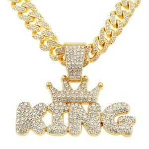 Hip Hop King Letter Crown Pendant Necklace Alloy Rhinestone Cuban Link Chain Iced Out Streetwear Neck Jewelry For Men Gift