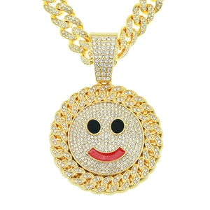Collana con Ciondolo Tondo a Faccia Sorridente con Strass Iced Out Hip Hop da Uomo con Catena Cubana in Lega Brillante
