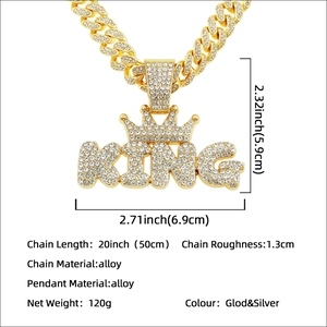 Hip hop gold KING crown pendant necklace with iced out cubic zirconia and chunky Cuban chain