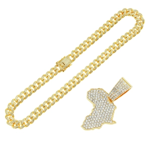 Collier hip-hop doré avec pendentif carte de l'Afrique et chaîne cubaine en strass