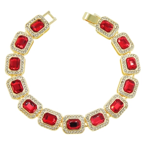 Bracelet Hip Hop Homme avec Pierre Rouge Rectangulaire Luxe Alliage Strass Or Argent Chaîne Géométrique Bijoux Fantaisie