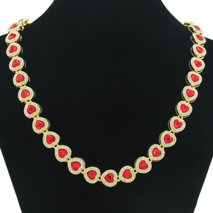 Hip Hop Alloy Red Heart Rhinestone Cuban Chain Necklace Gold Silver Plated Heart Pendant Jewelry For Men Women Daily Party