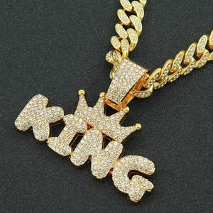 Gold-plated hip hop king letter pendant necklace with crown and iced-out cuban link chain