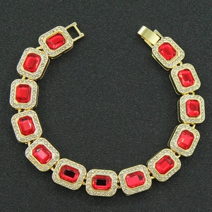 Hip Hop Men Alloy Rectangle Red Stone Bracelet Full Rhinestone Encrusted Cuban Link Chain Bracelet Jewelry Party Accessory