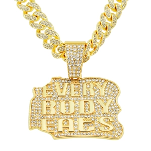 Hip Hop Iced Out Everybody Eats Letter Pendant Necklace For Men Gold Alloy Rhinestone Cuban Link Chain Street Jewelry