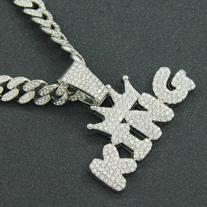 Hip hop silver KING pendant necklace with crown detail and full iced-out rhinestones