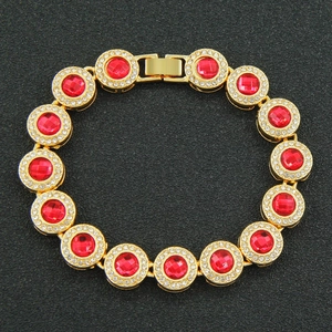 Hip hop gold bracelet for men featuring round red rubies surrounded by small diamonds