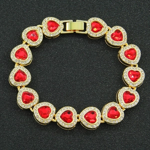 Men's hip-hop gold plated bracelet featuring thirteen red crystal hearts with pavé diamonds