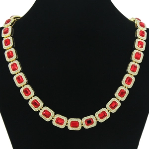 Hip Hop Men Rectangular Red Rhinestone Cuban Link Chain Necklace Gold Silver Plated Icy Geometric Jewelry For Rapper Streetwear