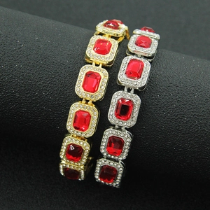 Hip hop tennis chain with rectangular red stones and pavé crystals in gold and silver