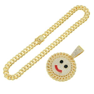 Collana a catena cubana dorata hip hop con ciondolo a faccina sorridente e cristalli uomo