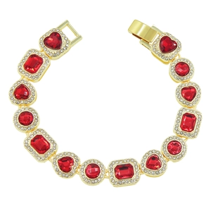 Hip Hop Armband in Gold mit herz- und rechteckigen roten Kristallen und Pavé