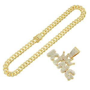 Hip hop gold plated Cuban chain necklace with iced out crown KING letter pendant
