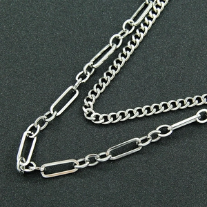 Collier double couche unisexe en acier inoxydable argenté avec maille cubaine et trombone
