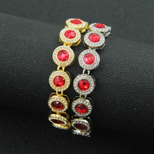 Hip hop style gold and silver bracelets with red stones and white zircon crystals