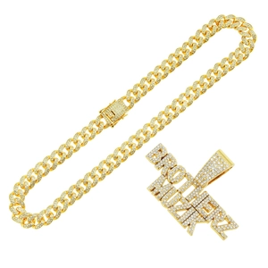 Hip hop gouden Cubaanse schakelketting met BROTHER MUZIK letter hanger en kristallen