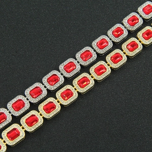 Iced out hip hop Cuban chain necklace with red rectangular crystal and pave stones