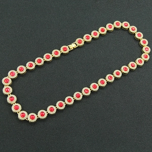Men's hip hop gold Cuban link necklace with red round diamonds and white crystal halo