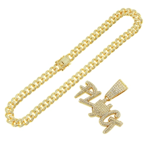 Chaîne cubaine dorée sertie de diamants avec pendentif F.N.G pour style hip-hop chic