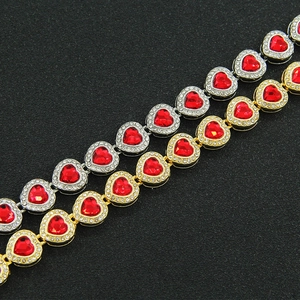 Hip hop cuban link bracelets with red crystal hearts in gold and silver finish