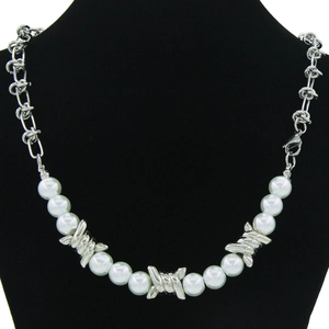 Punk Barbed Wire Titanium Steel Necklace With Glass Artificial Pearl Splicing Industrial Style Hip Hop Jewelry For Women Men