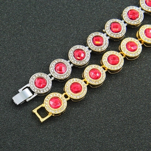 Hip hop style gold and silver bracelets with round red crystals and sparkling rhinestones