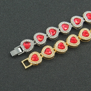 Hip hop heart link bracelet with red and white rhinestones in gold and silver finish