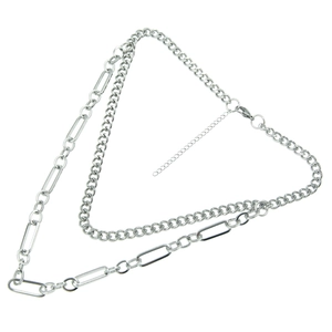 Collier double rang argenté avec chaîne cubaine et trombone et fermoir mousqueton