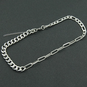Silver stainless steel curb and paperclip link chain necklace with lobster clasp
