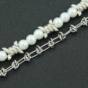 Double-layer pearl and silver titanium steel chain necklace with edgy punk design
