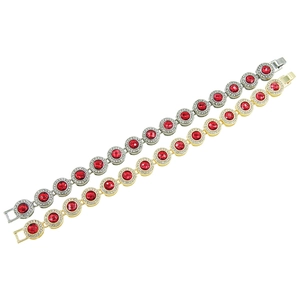 Hip hop tennis bracelet with red round stones in gold and silver plating on white background