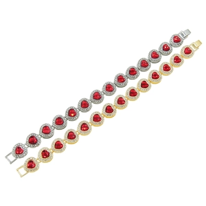 Men's hip-hop gold and silver heart bracelets with red crystals and micro-paved rhinestones
