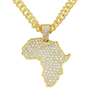 Men Hip Hop Africa Map Pendant Necklace Gold Plated Iced Out Rhinestone Cuban Chain Large Punk Street Style Jewelry